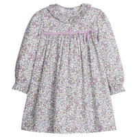 little english classic children's clothes girls lavender floral long sleeve dress with light purple velvet bow and ruffle collar for fall 