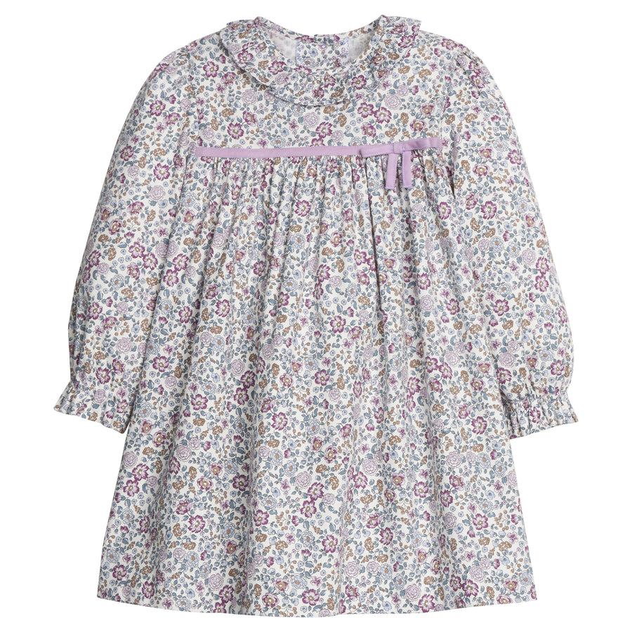 little english classic children's clothes girls lavender floral long sleeve dress with light purple velvet bow and ruffle collar for fall 