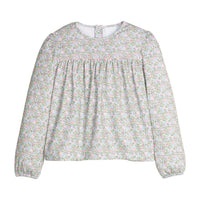 Little English traditional children's clothing. Long sleeve pink, aqua, and green Fondren Floral cotton knit top with pink piping detail for little girls. Paired with classic light pink leggings.