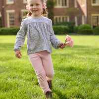 Little English traditional children's clothing. Long sleeve pink, aqua, and green Fondren Floral cotton knit top with pink piping detail for little girls. Paired with classic light pink leggings.