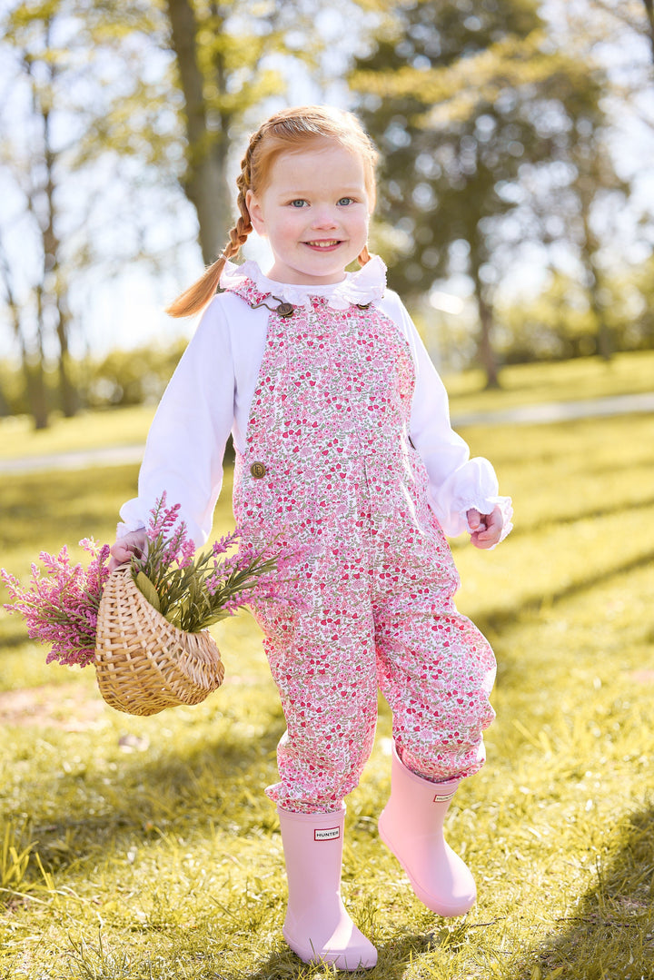 Little English classic childrens clothing. Pink and green fairfax floral twill overall, smocked madeline blouse in white with light pink trim for Fall