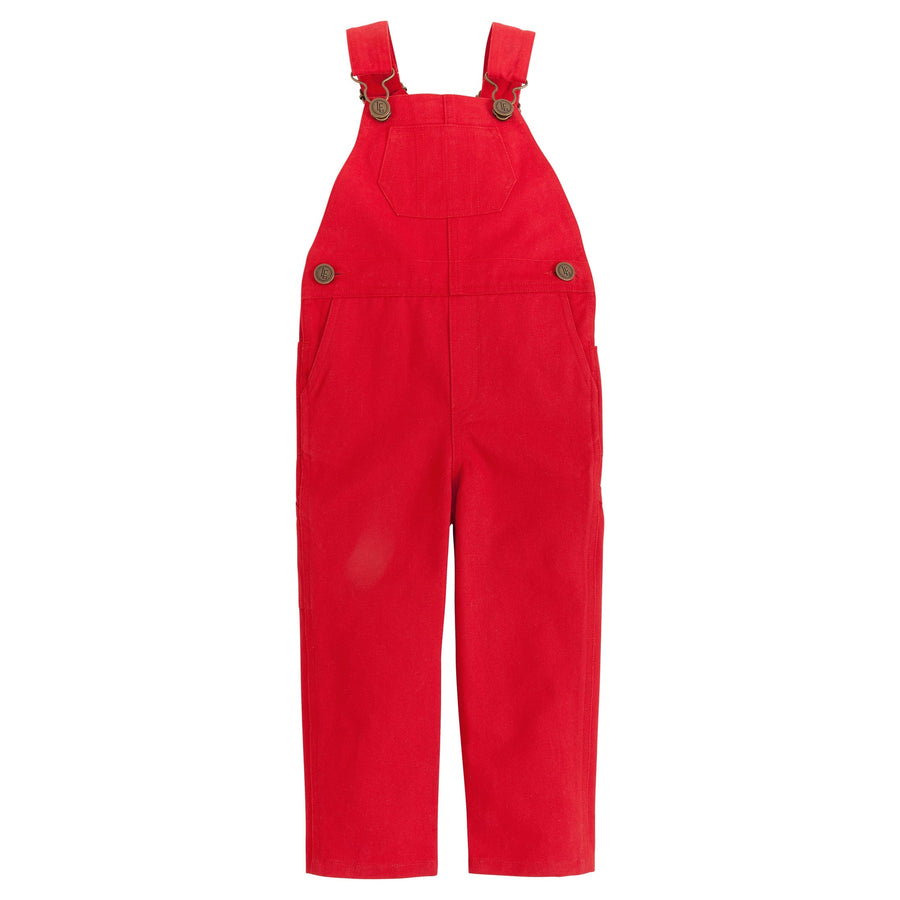 little english classic childrens clothing boys red twill overall with brass buttons