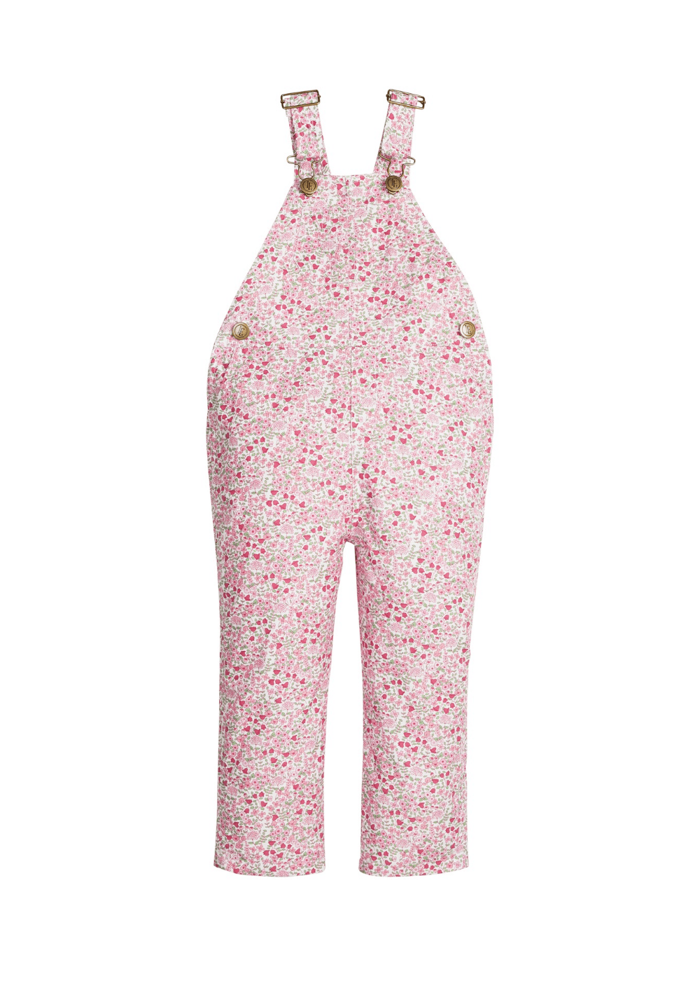 Little English classic overall for little girls. Pink and green floral twill overall for Fall