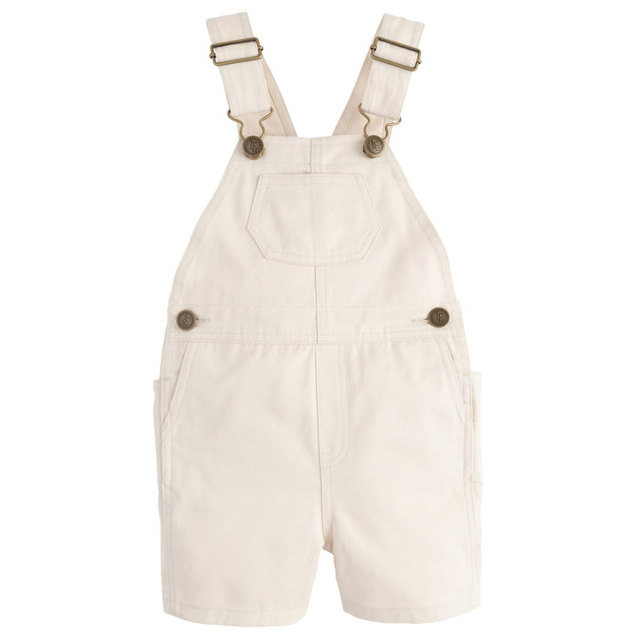 Little English traditional children's clothing, toddler short overall with brass hardware in khaki twill