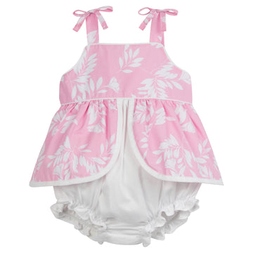 Little English traditional children's clothing, baby girl's classic sunsuit in pink havana print, baby bubble for Summer