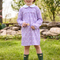 Little English traditional children's clothing. Long sleeve pink, blue, and lavender Ashbrook Floral cotton knit dress with white peter pan collar and pink piping detail for little girls.