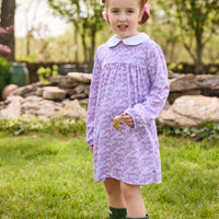 Little English traditional children's clothing. Long sleeve pink, blue, and lavender Ashbrook Floral cotton knit dress with white peter pan collar and pink piping detail for little girls.