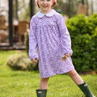Little English traditional children's clothing. Long sleeve pink, blue, and lavender Ashbrook Floral cotton knit dress with white peter pan collar and pink piping detail for little girls.