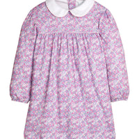 Little English traditional children's clothing. Long sleeve pink, blue, and lavender Ashbrook Floral cotton knit dress with white peter pan collar and pink piping detail for little girls.
