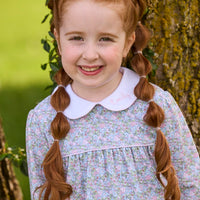 Little English traditional children's clothing. Long sleeve pink, aqua, and green Fondren Floral cotton knit dress with white peter pan collar and pink piping detail for little girls.