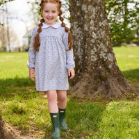 Little English traditional children's clothing. Long sleeve pink, aqua, and green Fondren Floral cotton knit dress with white peter pan collar and pink piping detail for little girls.