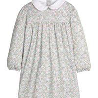 Little English traditional children's clothing. Long sleeve pink, aqua, and green Fondren Floral cotton knit dress with white peter pan collar and pink piping detail for little girls.