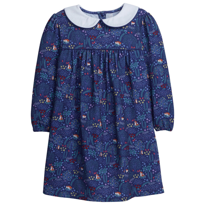 Little English classic childrens clothing toddler girls navy dress with fox floral print and white peter pan collar