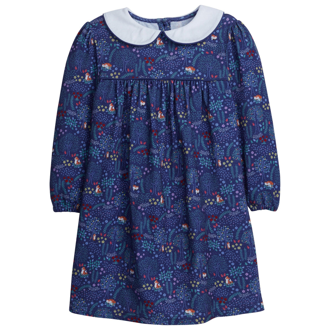 Little English classic childrens clothing toddler girls navy dress with fox floral print and white peter pan collar