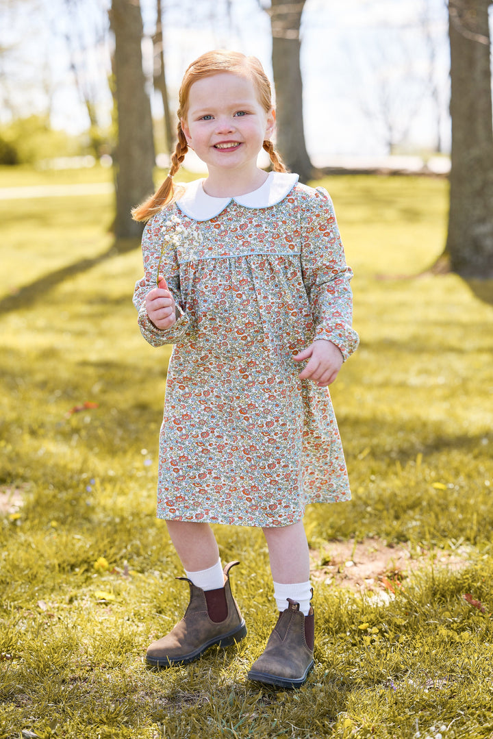 Little english classic childrens clothing, evelyn dress in orange, blue, and green james floral, outfits for fall
