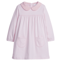 little english classic childrens clothing girls light pink and white striped dress with front pockets and peter pan collar