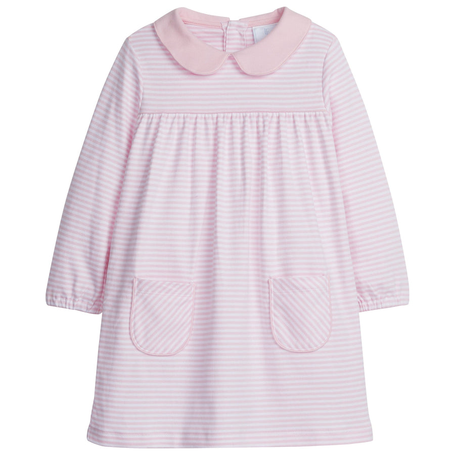 little english classic childrens clothing girls light pink and white striped dress with front pockets and peter pan collar