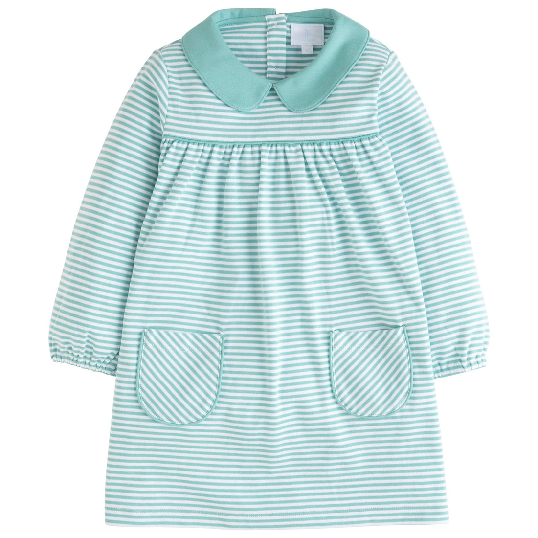 little english classic childrens clothing girls blue/green and white striped long sleeve dress with front pockets and peter pan collar