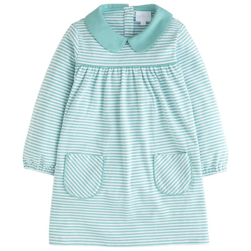 little english classic childrens clothing girls blue/green and white striped long sleeve dress with front pockets and peter pan collar