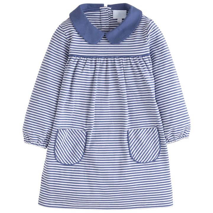 little english classic childrens clothing girls gray/blue and white striped long sleeved dress with front pockets and peter pan collar