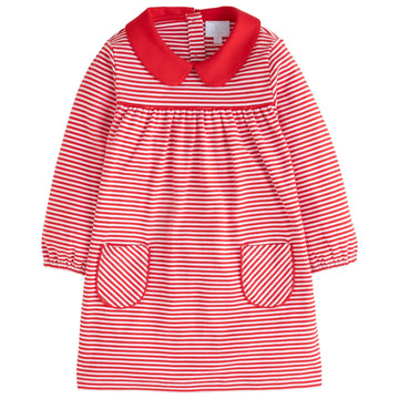 little english classic childrens clothing girls red and white striped dress with front pockets and peter pan collar