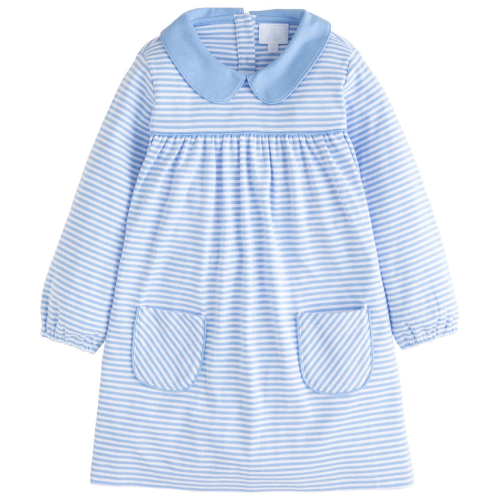 little english classic childrens clothing girls light blue and white striped long sleeve dress with front pockets and peter pan collar