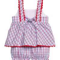 Little English traditional children's clothing.  Patriotic red and blue plaid two-piece set for baby girls.  Tank top with red ricrac trim and matching ruffled bloomers.  4th of July outfit for baby girls
