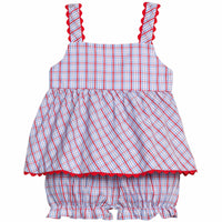Little English traditional children's clothing.  Patriotic red and blue plaid two-piece set for baby girls.  Tank top with red ricrac trim and matching ruffled bloomers.  4th of July outfit for baby girls