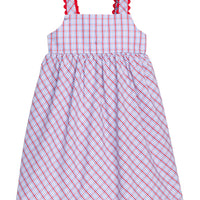Little English traditional children's clothing.  Patriotic red and blue plaid dress for little girls.  Fourth of July outfit for little girls