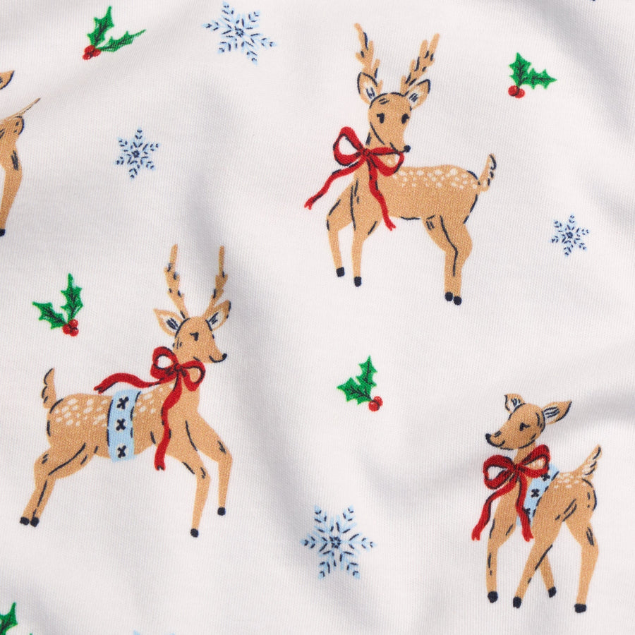 Little English classic children's clothing all over reindeer print with holly and snowflakes with white background 