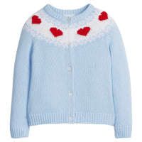 little english classic children's clothing light blue cardigan with red hearts along neck for girls 
