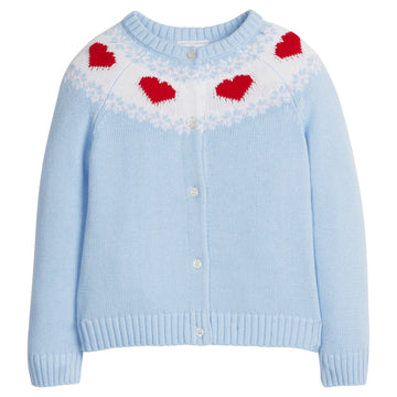 little english classic children's clothing light blue cardigan with red hearts along neck for girls 