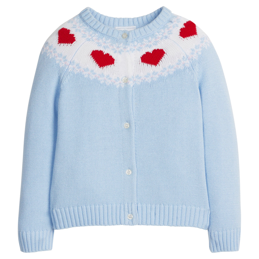 little english classic children's clothing light blue cardigan with red hearts along neck for girls 