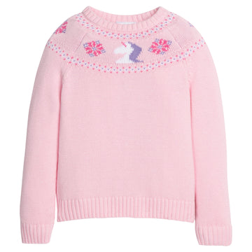 little english classic children's clothing light pink fair isle sweater with unicorns along the neck for girls 
