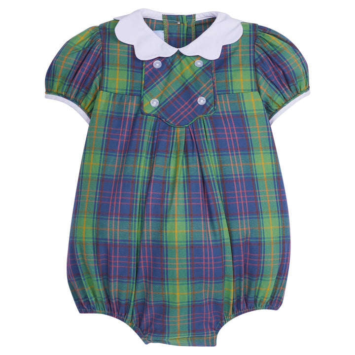 Little English baby girl's bubble for fall, short sleeve navy and green plaid bubble with white scalloped collar