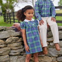 Little English classic tween girl dress in ashford tartan pattern with white buttons on chest and scallop collar