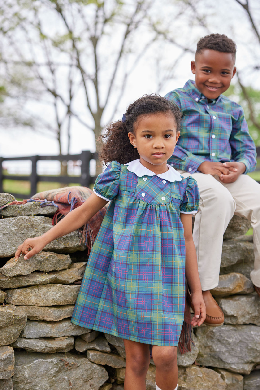 Little English classic tween girl dress in ashford tartan pattern with white buttons on chest and scallop collar