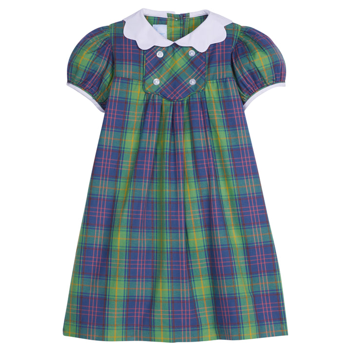 Little English little girl's dress for fall, short sleeve navy and green plaid dress with white scalloped collar