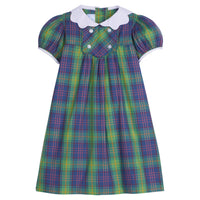 Little English little girl's dress for fall, short sleeve navy and green plaid dress with white scalloped collar