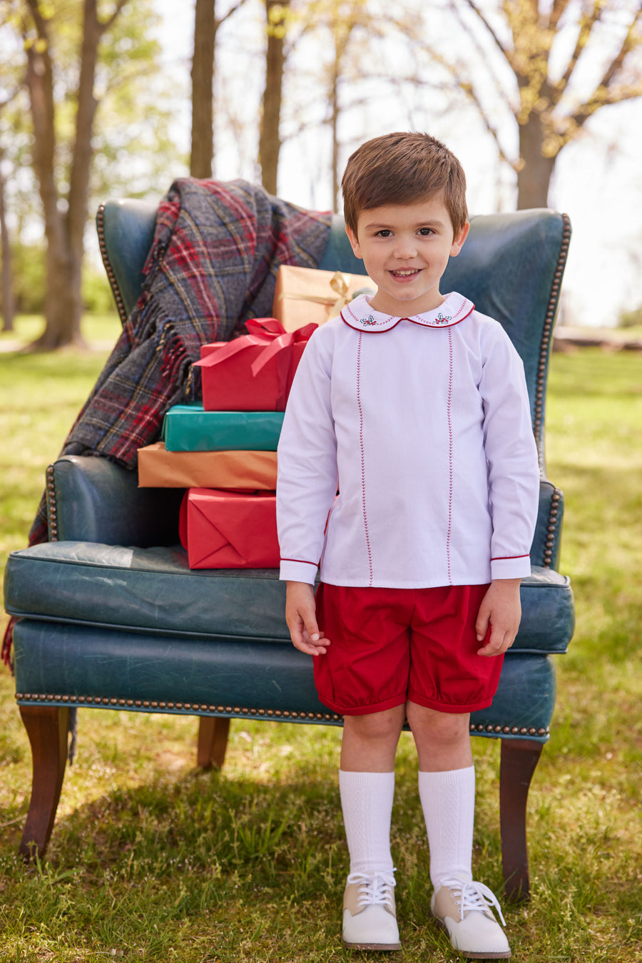 Little English classic toddler boys short set with feathered stitching on top and banded red shorts 