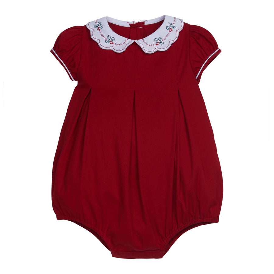 little english classic childrens clothing girls red short sleeved bubble with white peter pan collar with hand stitched holly