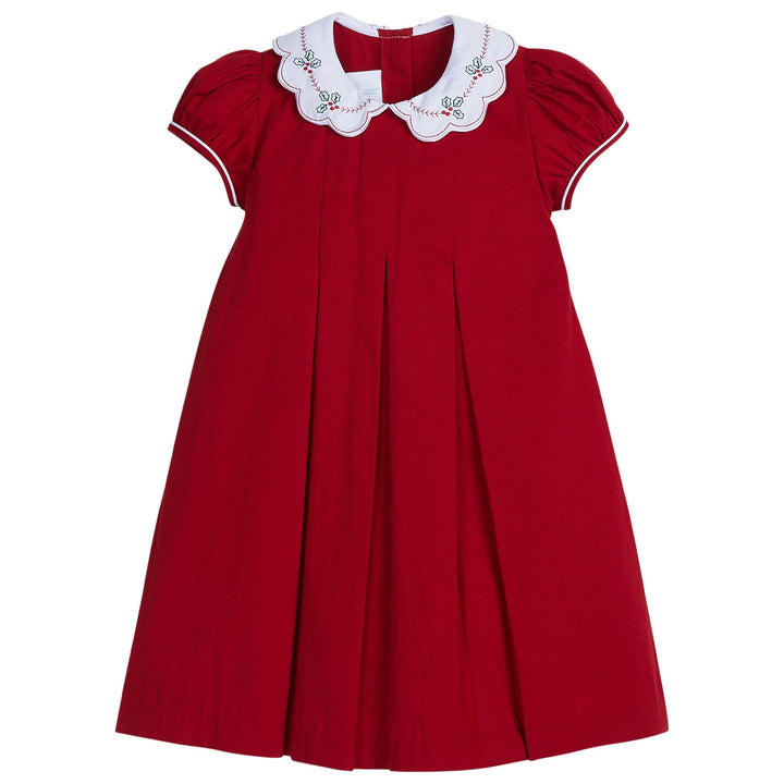 little english classic childrens clothing girls red pleated dress with peter pan collar and handstitched holly