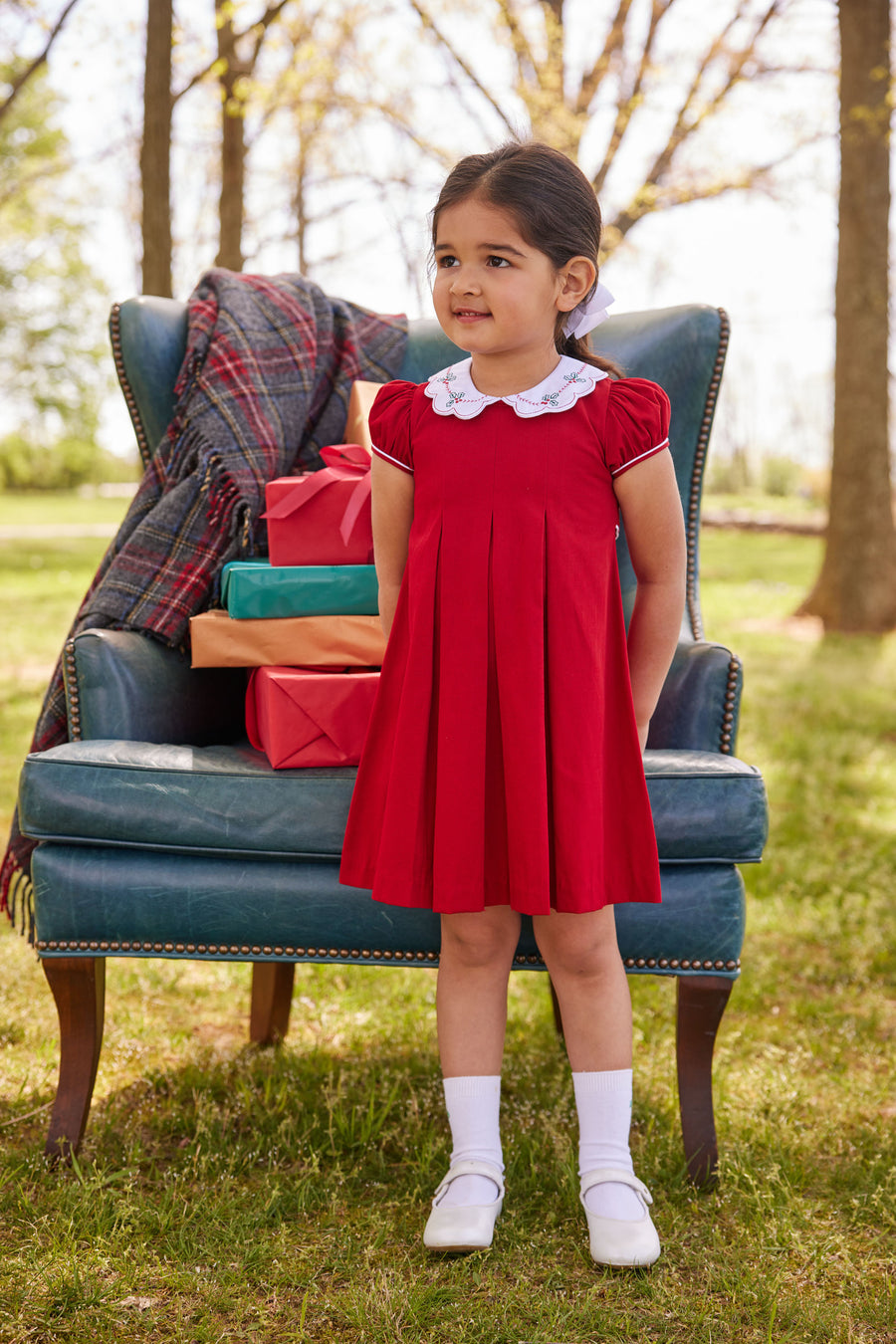 little english classic childrens clothing girls red pleated dress with peter pan collar and handstitched holly