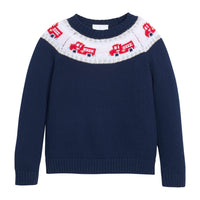 Little English traditional children's clothing. Navy crew neck sweater with red fire truck fair isle detail.