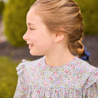 Little English classic floaty top in lavender gables floral and navy kick flare leggings, fall looks for girls