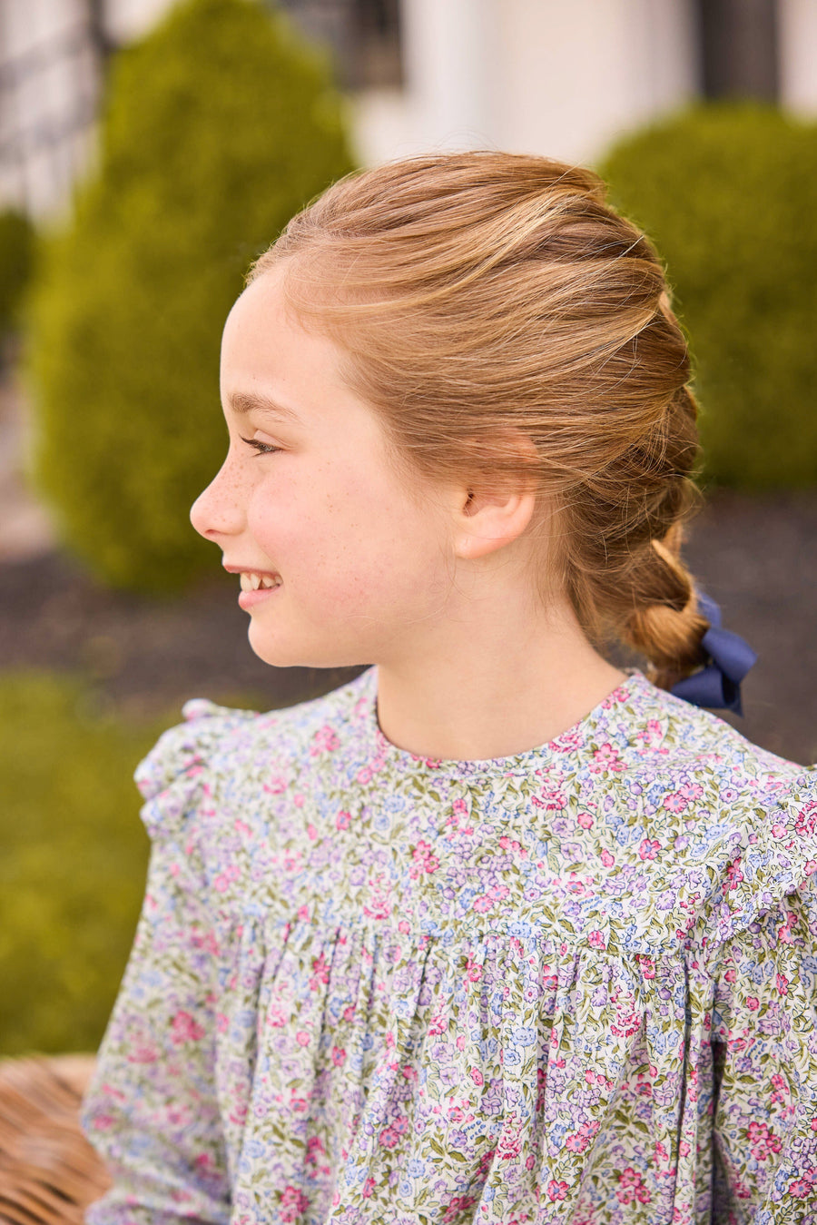 Little English classic floaty top in lavender gables floral and navy kick flare leggings, fall looks for girls