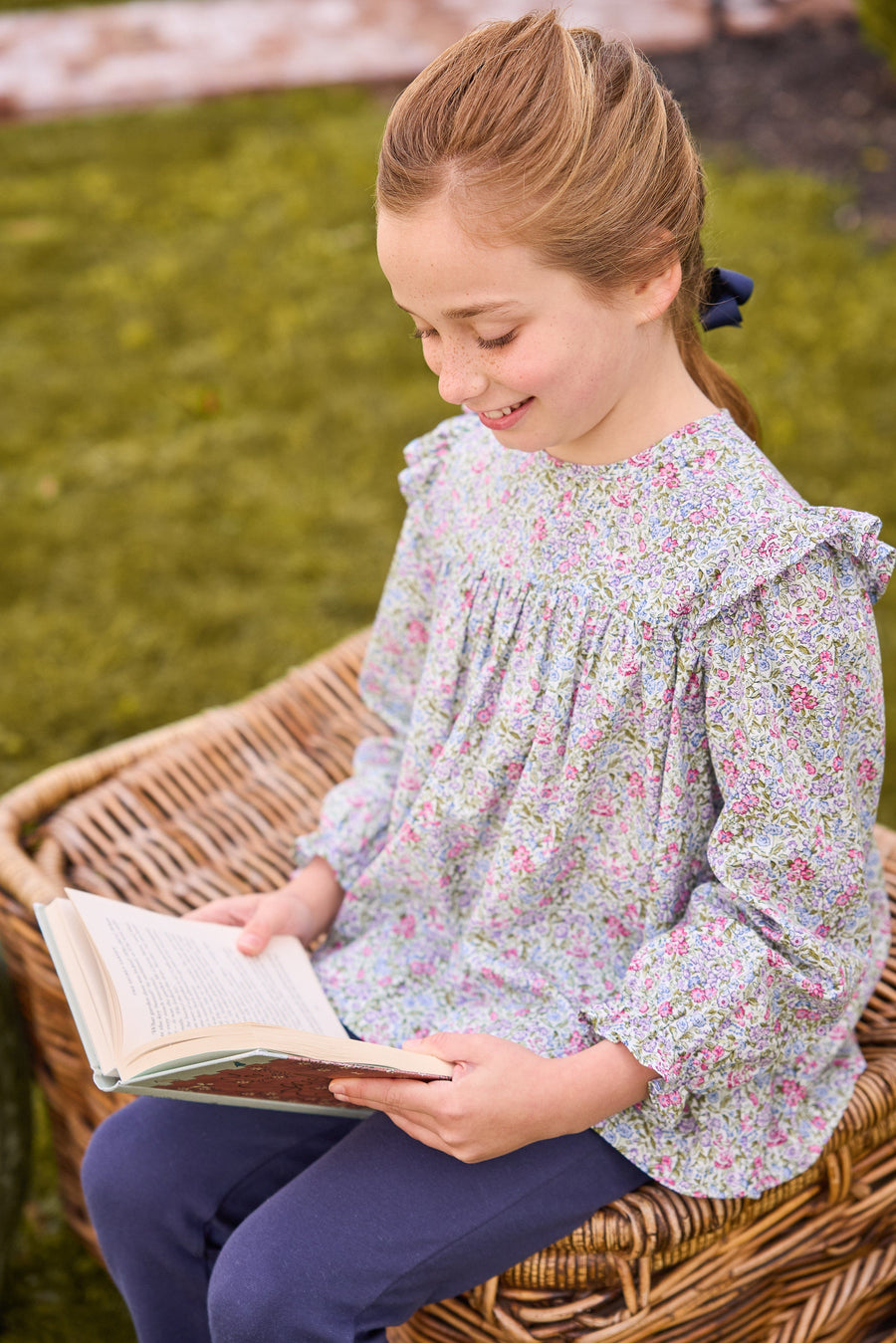 Little English classic floaty top in lavender gables floral and navy kick flare leggings, fall looks for girls