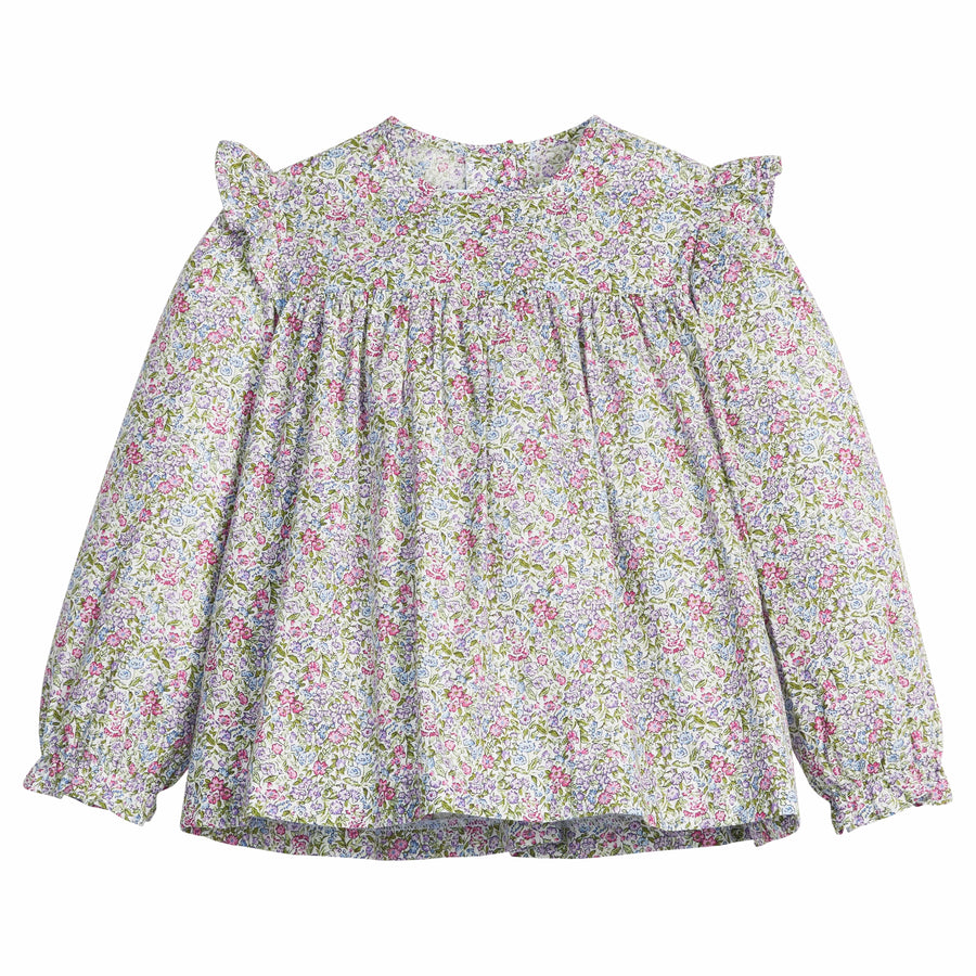 little english classic children's clothing girls lavender floral long sleeve top with ruffles at the shoulders for fall 