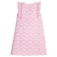 Little English traditional children's clothing.  Sleeveless shift dress in Azalea pink floral print for older girls