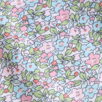 Little English traditional children's clothing. Aqua blue, pink, and green Fondren Floral fabric swatch